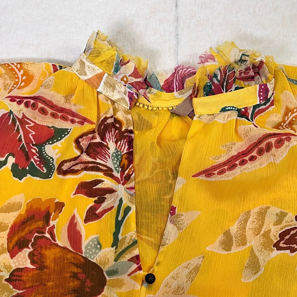 Pilcro Anthropologie Yellow Floral Blouse XL Sheer Button Front Long Sleeve - Picture 3 of 11